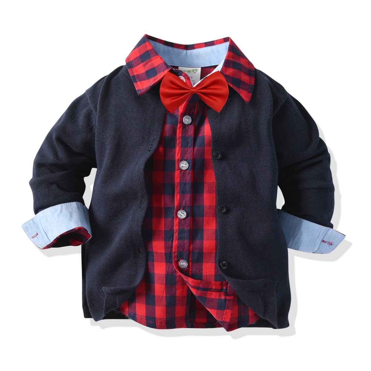 FOCUSNORM 0-6Y Herbst freundlicher Jungen Hemden + zur Seite fahren Mantel 2 stücke Plaid drucken Langarm Einreiher Spitzen + Strickjacke