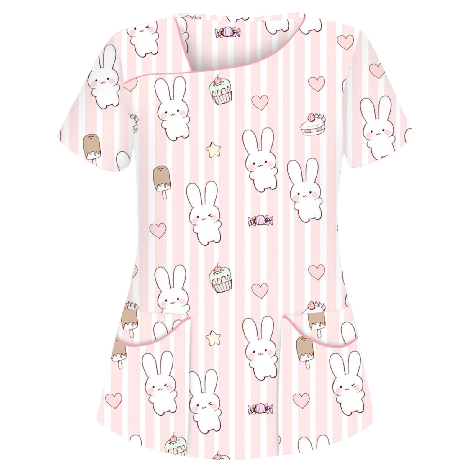 Elasticity polyester Body Nurse Uniform for Women Short Sleeve Neck Tops Working Uniform Nursing Scrubs Tops: Pink / XXL