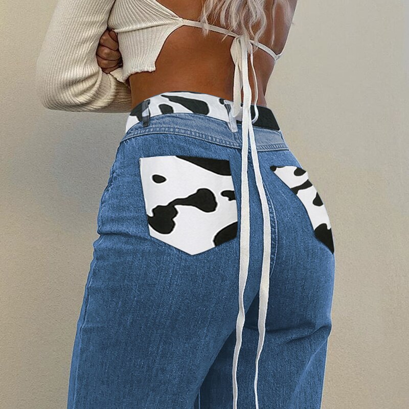 SUCHCUTE nadruk z krową patchworkowe damskie spodnie jeansowe wysokiej talii kobiece proste spodnie Streetwear 90s strój codzienny spodnie