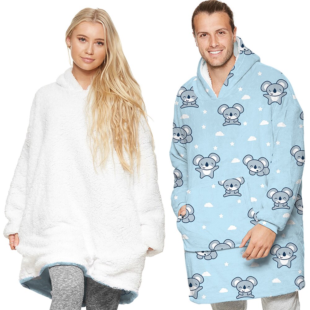 Fleece filtar huva med ärmar bärbar sherpa filtar överdimensionerad tröja vinter varm huva filt tecknad mjuka rockar