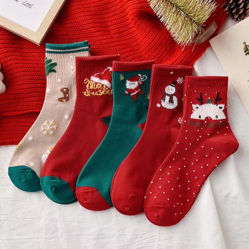 5 Paires Chaussettes Noël Dessin Animé - Motif Cartoon - Femme Casual Tricot - Tube Milieu Épais: Bleu ciel
