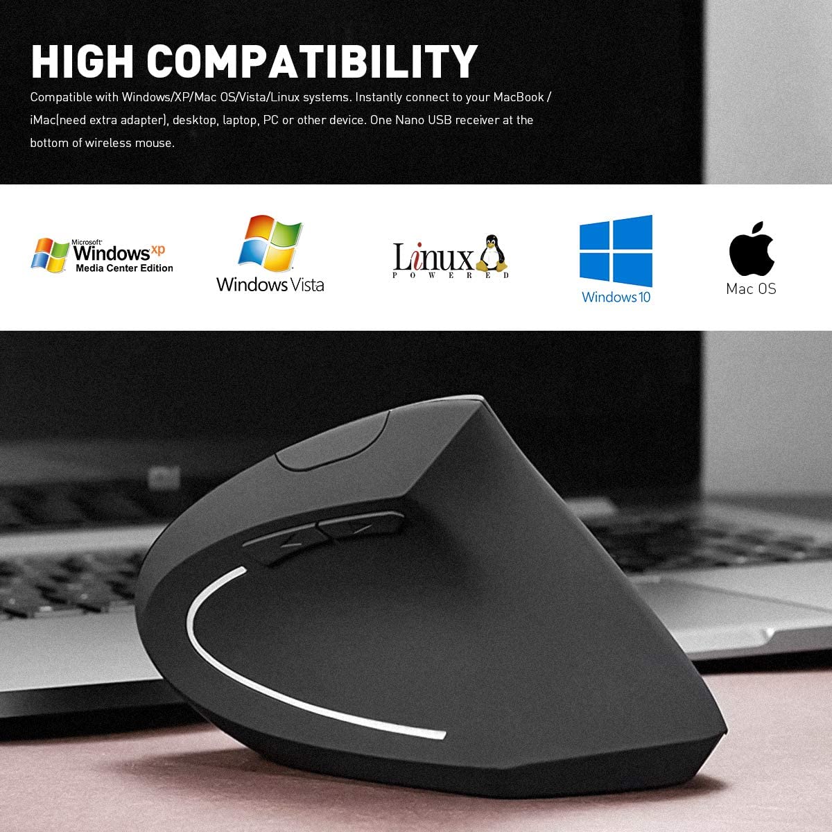 USB Wireless Vertical Mouse Ergonomic Gaming 1000/1600 DPI Optical Wrist Healthy Mice For Laptop Desktop PC Computer 5 Buttons