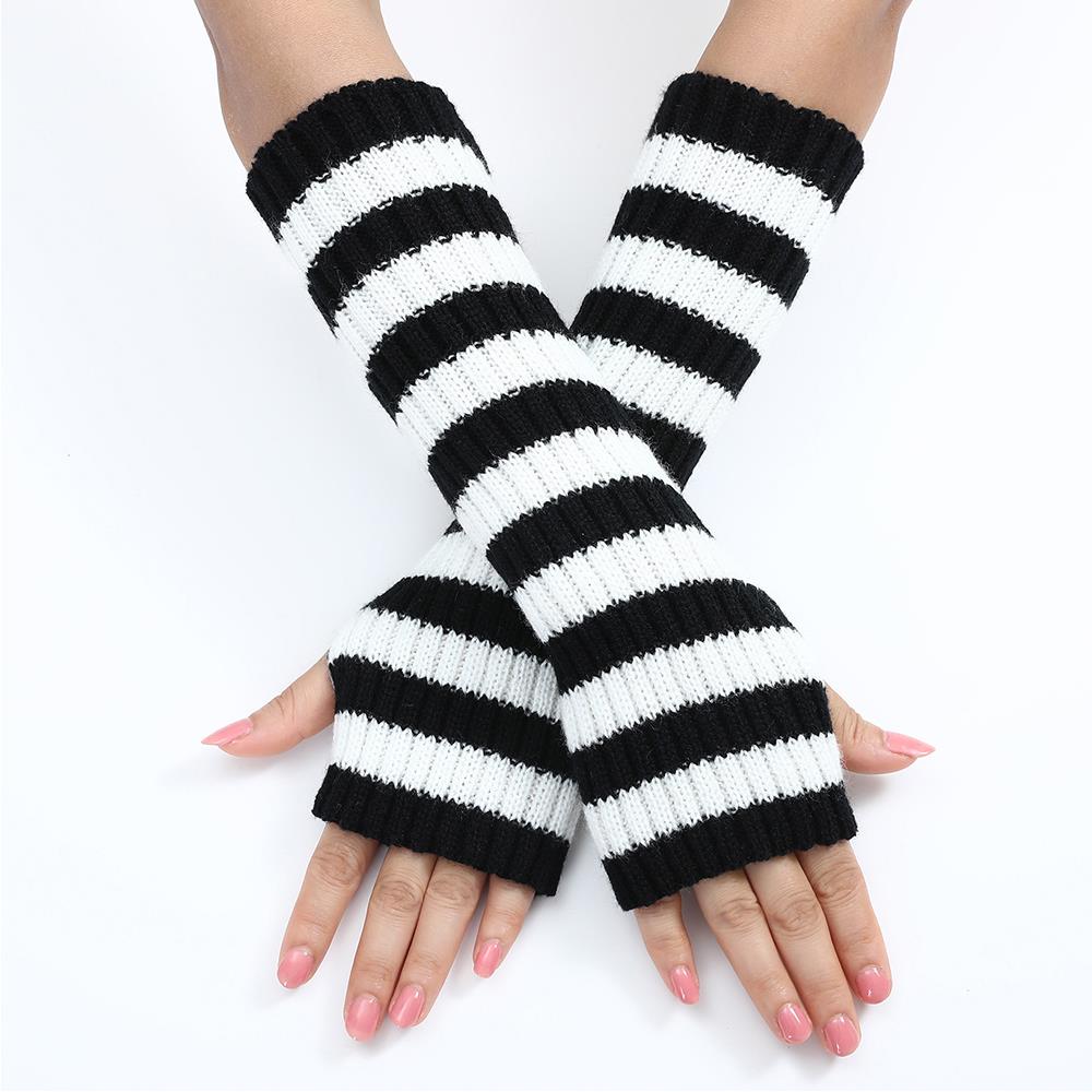 Women's Knitted Fingerless Arm Sleeves Gothic Style Striped Winter Long Arm Warmers Girls Harajuku Y2K Wrist Gloves: black