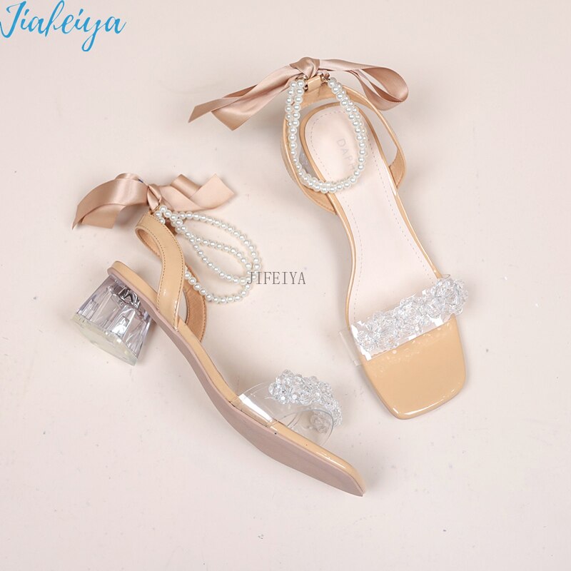 Sandales à talons hauts pour femmes, ruban de perles Transparent, moyen avec sandales, chaussures à bout ouvert, chaussures à plateforme à la