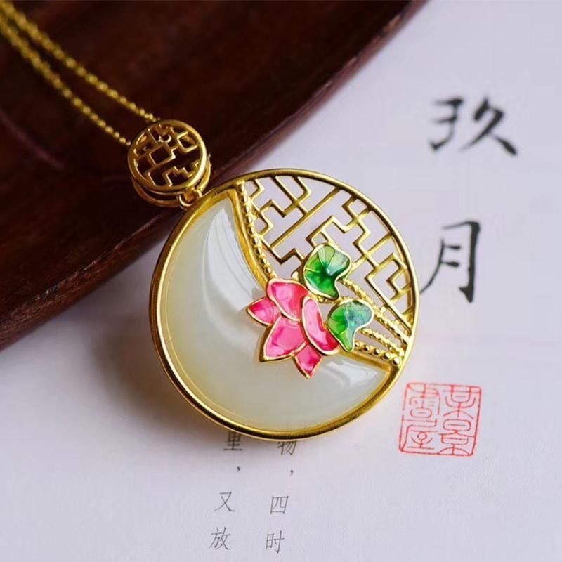 S925 Sterling Silver Natural Hetian Jade Lotus Pond Lotus Leaf Burnt Blue Ancient Style Chinese Style Vintage Necklace Pendant