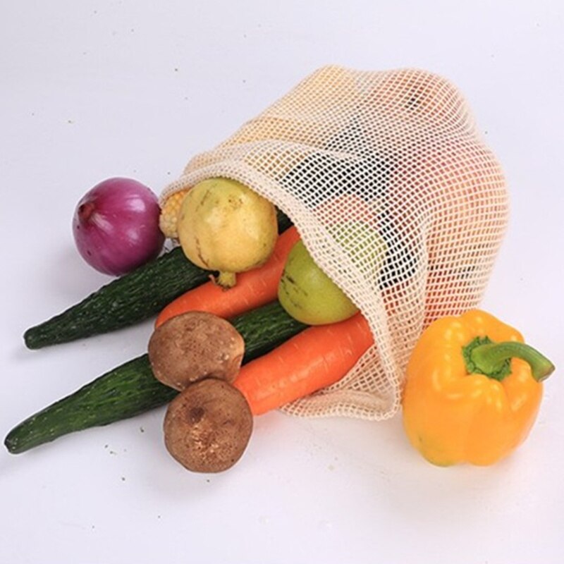 Populaire katoenen fruit- en groente-opbergzak met trekkoord, herbruikbare keukennetzak, wasbaar