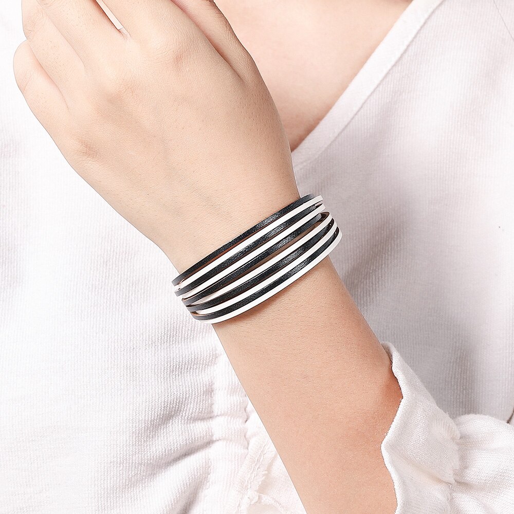 WYBU 4 Style Black White Wide Leather Wrap Bracelet for Women Teen Girl Multilayer Bracelet With Magnet clasp Jewelry Ideas