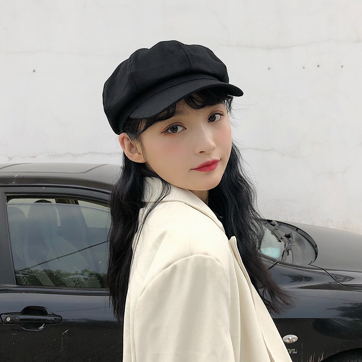Newsboy Caps Women Newsboy Berets Cap Octagonal Baker Peaked Beret Driving Hat Female Sunscreen Hats Painter Tour cap: Black