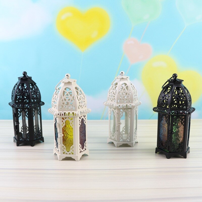 Portavelas marroquí Vintage a prueba de viento colgante vela linterna hierro vidrio candelabro votivo Decoración Para celebración de boda hogar 7*17cm