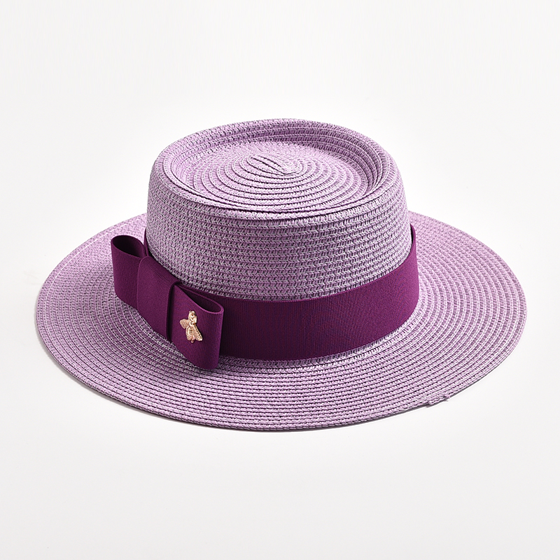 Sombreros de paja para mujer, sombrero de paja redondo con superficie irregular, Top plano con lazo, vestido, Gorra de viaje para playa, novedad de primavera y verano: Morado