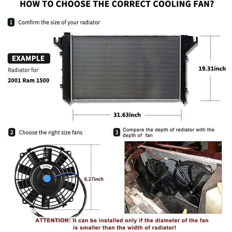 Universal Slim Fan Push Pull Electric Radiator Cooling Fans 12V 80W Engine Fan with Mount Kit(Diameter 12 Inch)