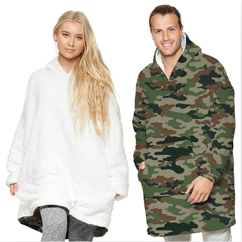 Blanket Hoodies Women Men Oversized Blanket Robe Sleepwear Soft Warm Plush Sweatshirt with Front Pocket Hooded Unisex Robe: 3