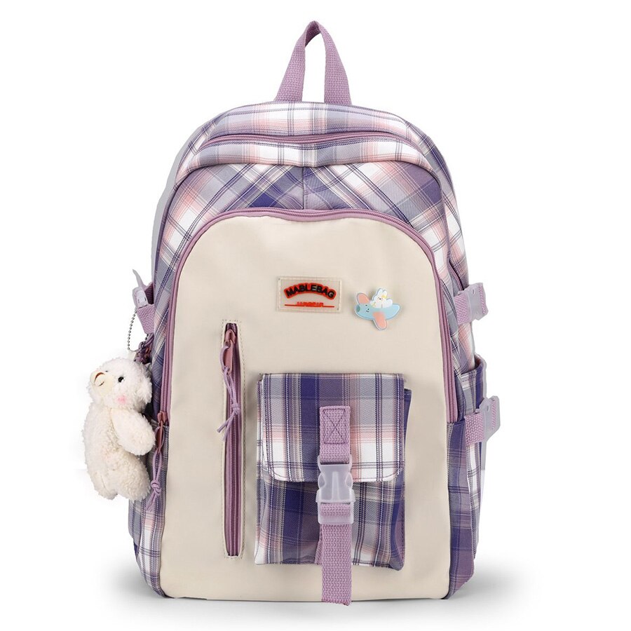 Mochila con patrón a cuadros de gran capacidad para estudiantes, bolso escolar Morado para chicas, mochila de viaje para el Campus