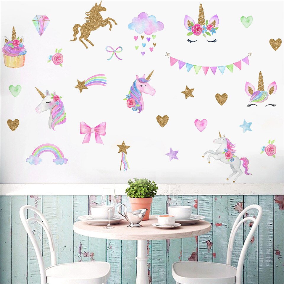 Roze Cartoon Eenhoorn Muursticker Voor Kinderkamer Nursery Decoratie Behang Waterdicht Diy Regenboog Decal Home Decor Muurschilderingen