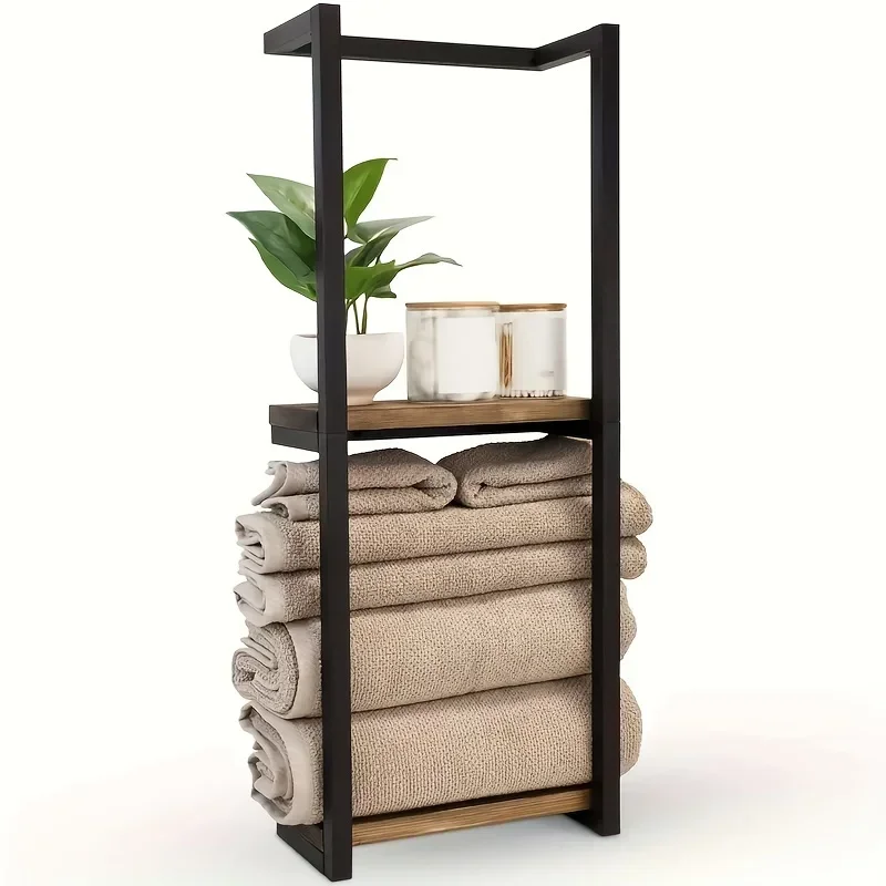 Wall Mount Towel Storage Rack with Wooden Shelves Towels Bathroom Holder Shelf