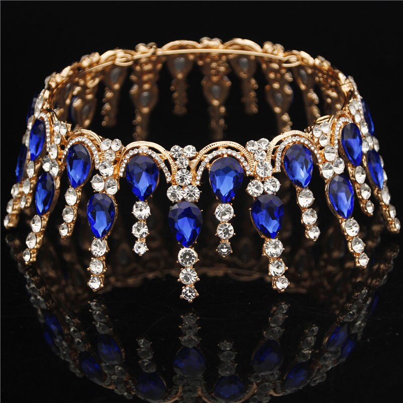 Wedding Tiara Crown - Round Rhinestone Bridal Headpiece - Gold & Silver Plated Zinc Alloy: Gold Blue
