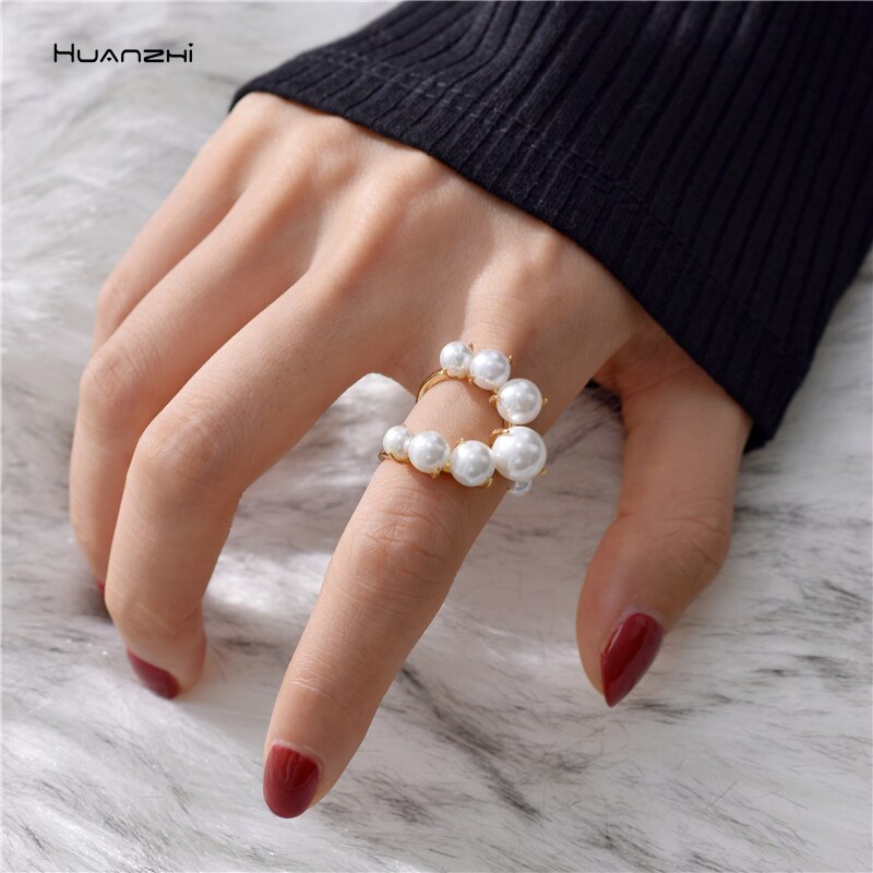 HUANZHI Vintage Old Metal Inlaid Pearl Geometric Irregular Modeling Adjustable Opening Ring for Women Party Jewelry