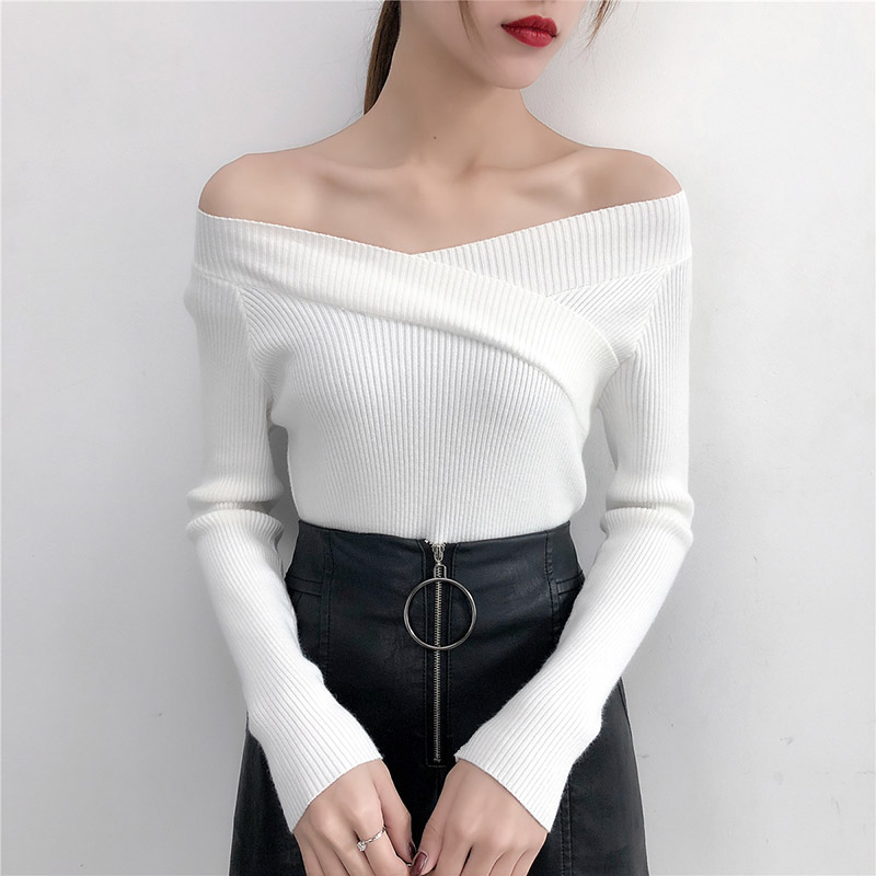 V-ringad tvinnad ryggtröja dam tröjor hösttröjor casual toppar långärmade stickade tröjor off shoulder pull femme