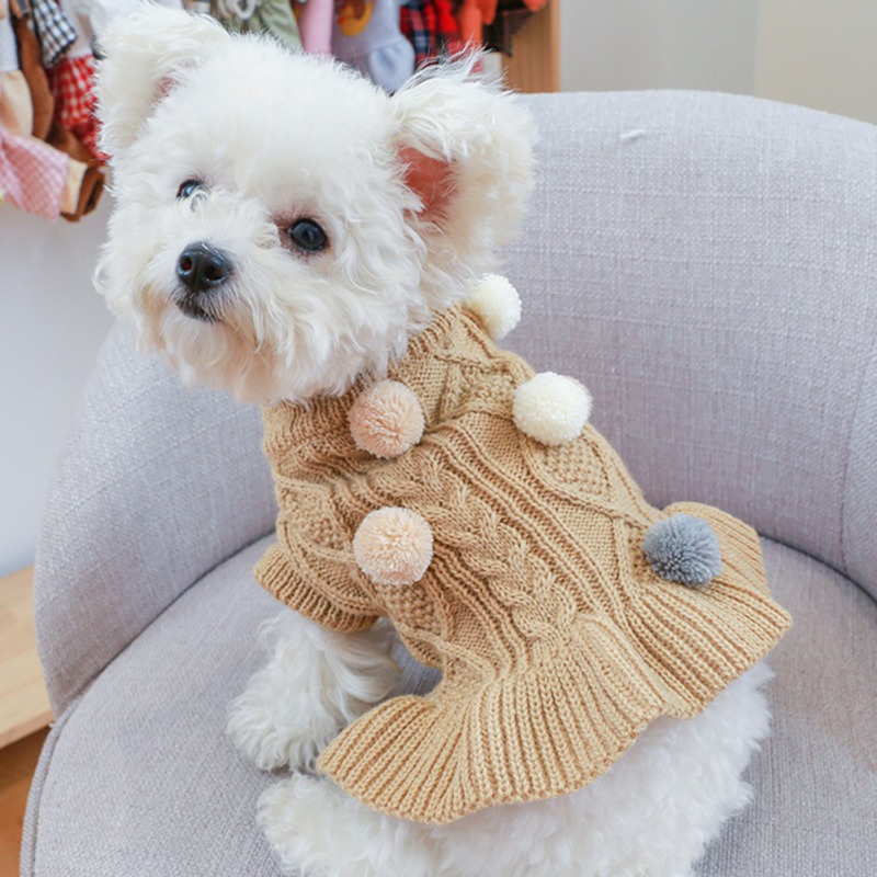 Ropa cálida para perro, suéter para mascotas, vestido de cuello alto, suéteres para cachorros, Falda de punto con pompón, ropa de invierno para mascotas pequeñas