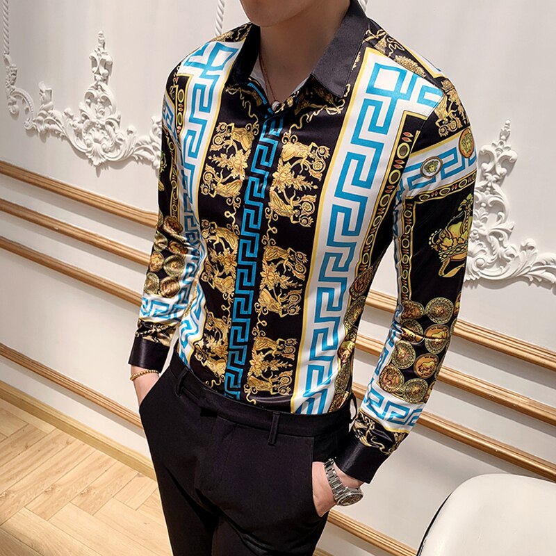 Blumen- Männer Hemd Neue Druck Männer Luxus Hemden schlank passen lässig Langarm Geschäft Hemd Homme M-4XL