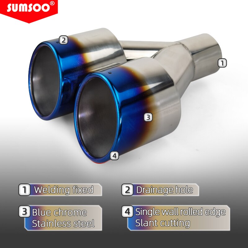 Genuine sumsoo double exhaust tip burnt blue stainless steel straight edge polished silver welding muffler tail pipe