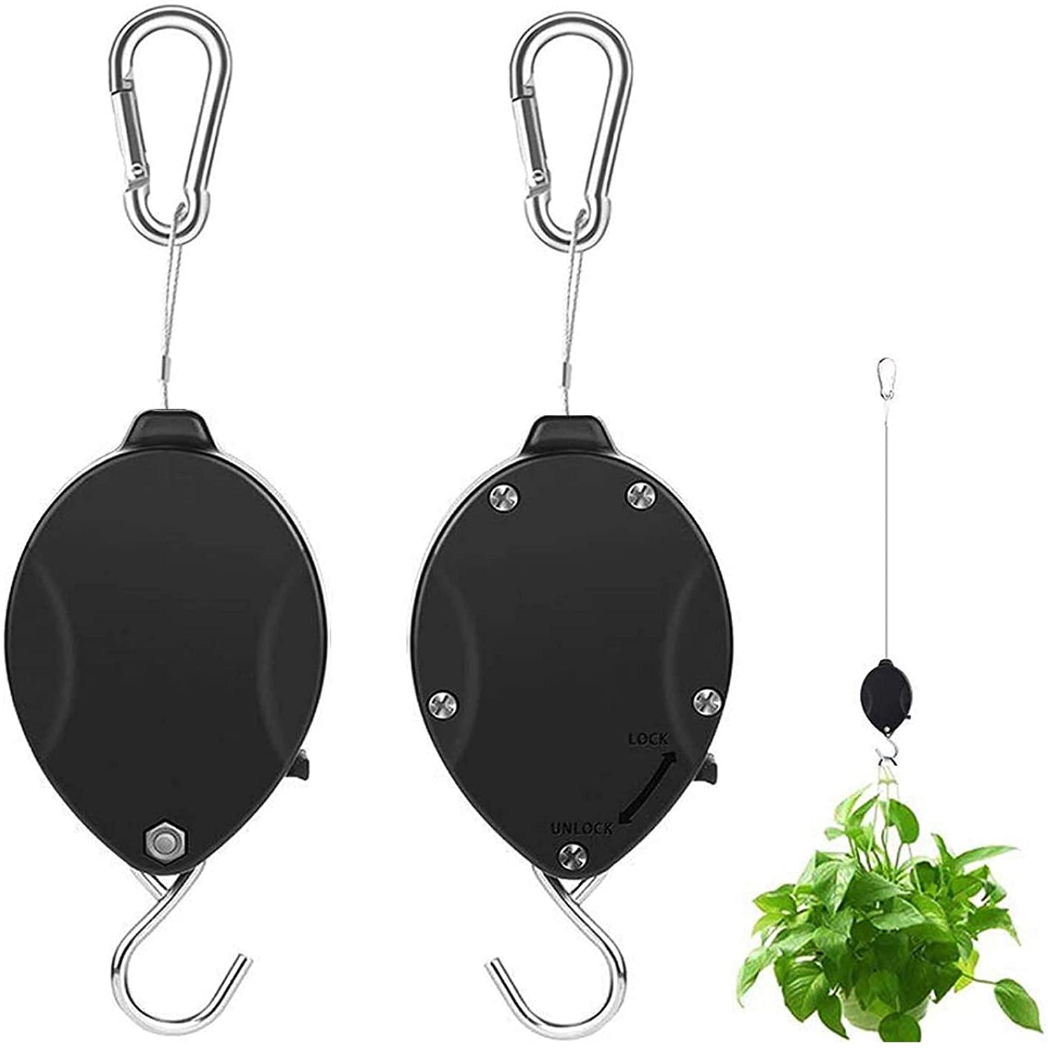 Retractable Plant Wire Pulley, Adjustable Plant Hanger Hook with Locking Mechanism for Hanging Plants, Garden Flower Baskets, Po