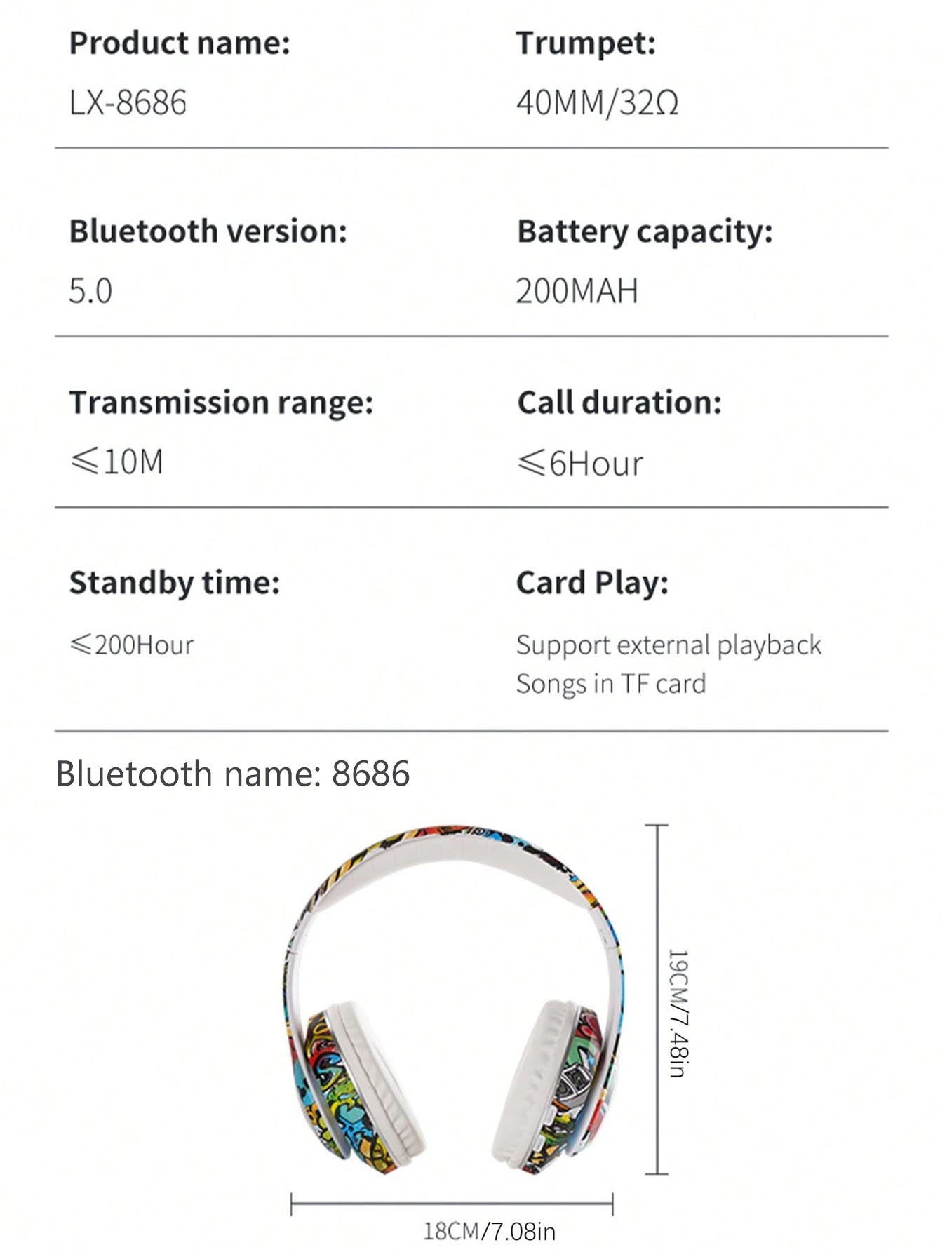 Moda dobrável fone de ouvido bluetooth, design graffiti, botão conveniente integrado, luzes de cor legal fone de ouvido bluetooth