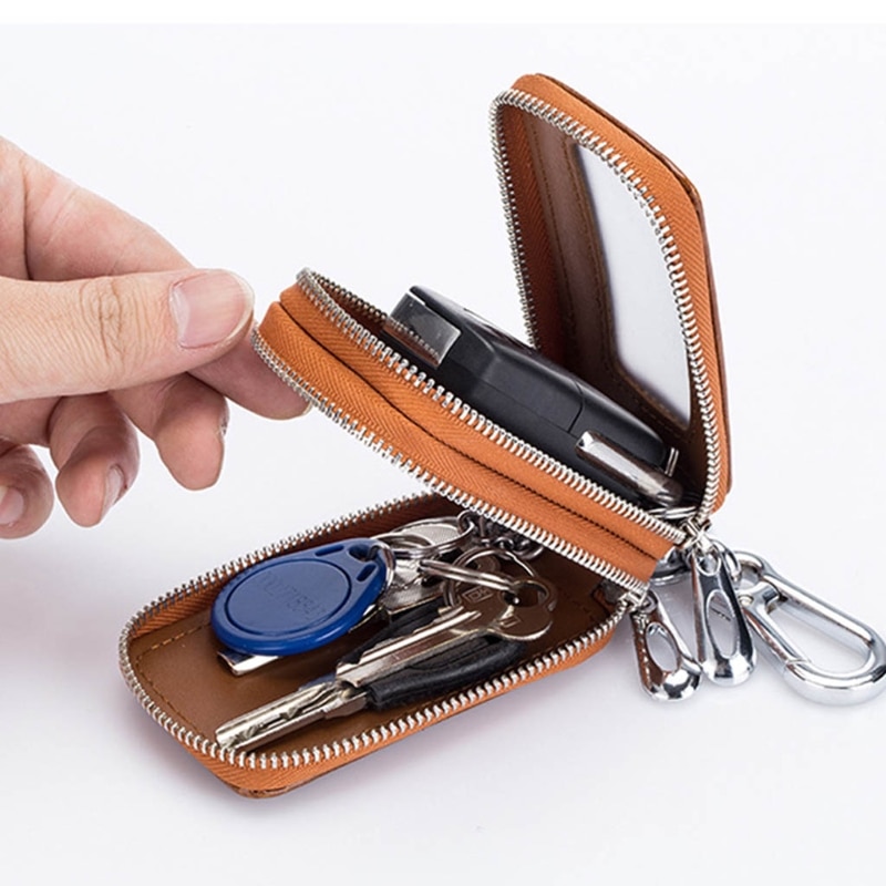 Double Zipper PU Leather Keychain Pouch Bag Home Car Keys Organizer Holder Case