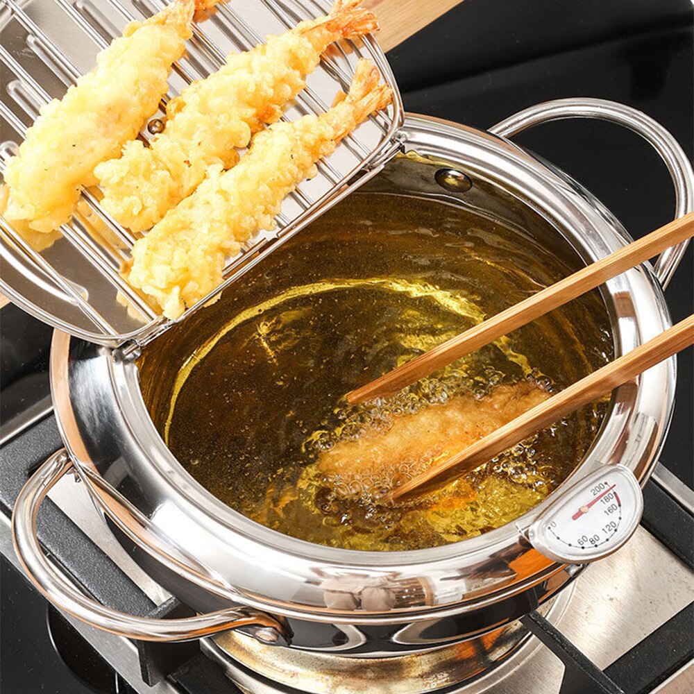 Japanese Tempura Fryer Pan Kitchen Deep Frying Pot Temperature Control Fried Pot Stainless Steel Chicken Fryer Pan Cooking Tools