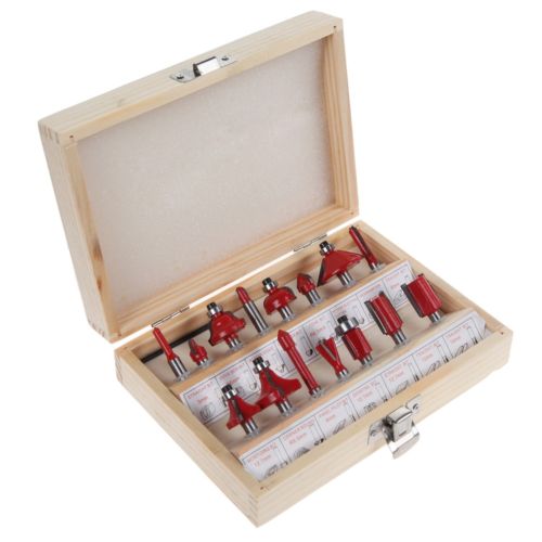 15pc Router Bit Set 1/4" 6.35mm Shank Wood Carving Tungsten Carbide Tipped Woodworking Milling Cutter Trimming knife w/Wood case
