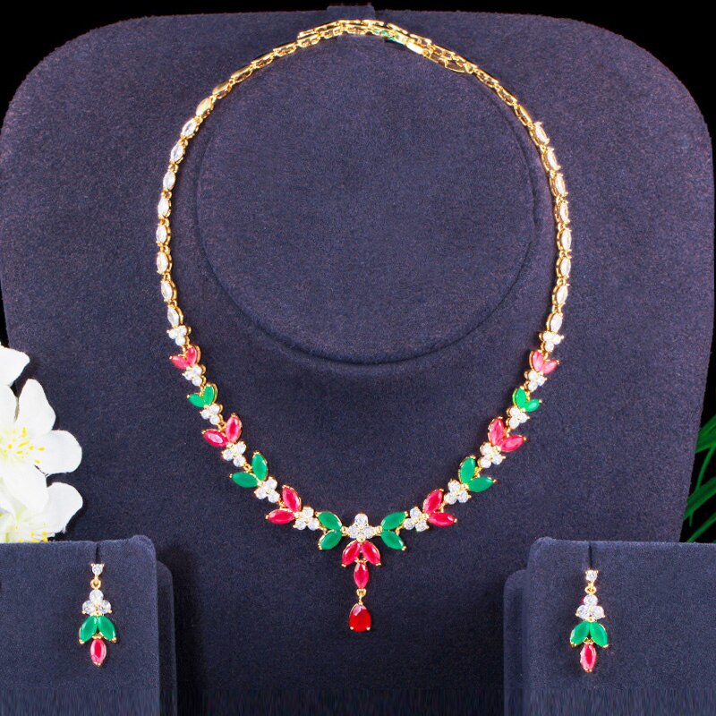 Pera Shiny Rood Groen Cz Zirkoon Afrikaanse Nigeriaanse Goud Kleur Leaf Ketting En Oorbellen Bruiloft Sieraden Set Voor Bruiden j366: Yellow Gold