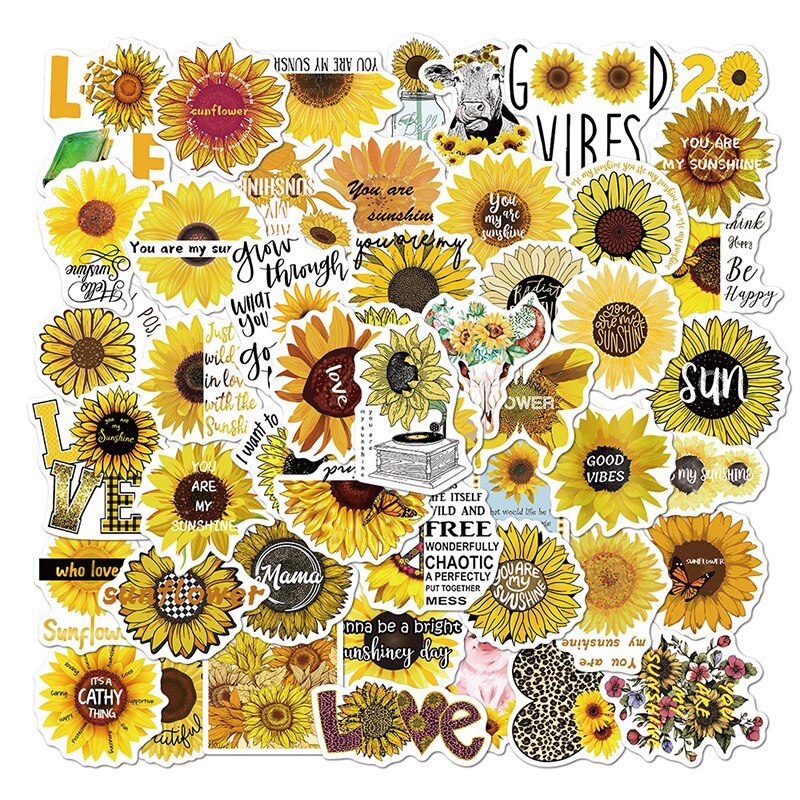 50PCS Plant Beautiful Sunflower Stickers For DIY Stationery Skateboard Guitar Sun Flower Waterproof Decals Laptop Stickers Pack