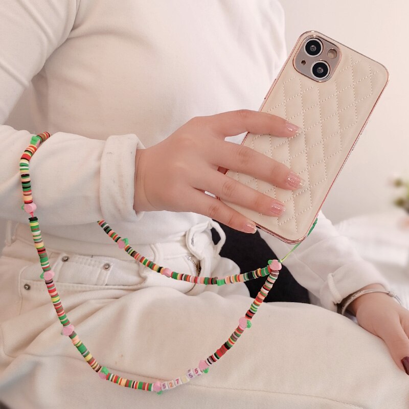 Long Flower Soft Circle Beaded Lanyard Anti-Lost Lanyard Trendy Crystal Stone Beads Mobile Phone Chain for Girls Cellphone Strap