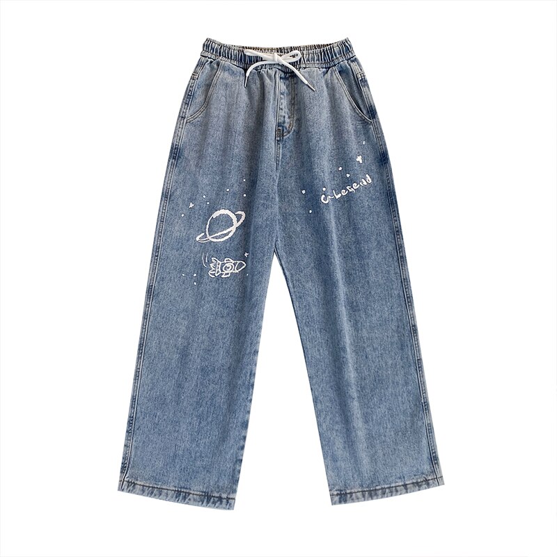 Pantalones vaqueros con Graffiti hombre recto skateboard chic suelto sal serie versátil ancho de la pierna de papá de venta al por menor ropa informal estilo hip hop