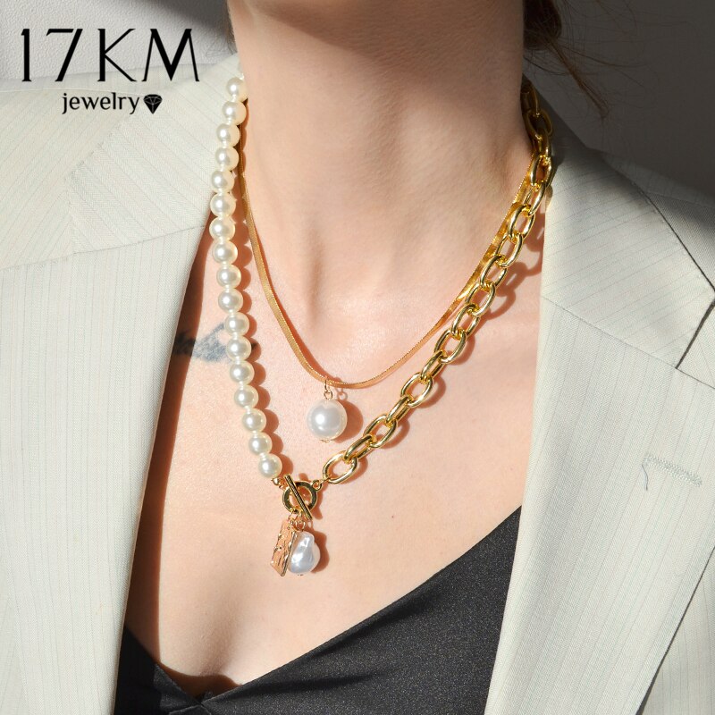 Punk Gold Multilayered Chain Baroque Pearl Necklace For Women Coin Crystal Pendant Necklace Trend Jewelry: CS5259001