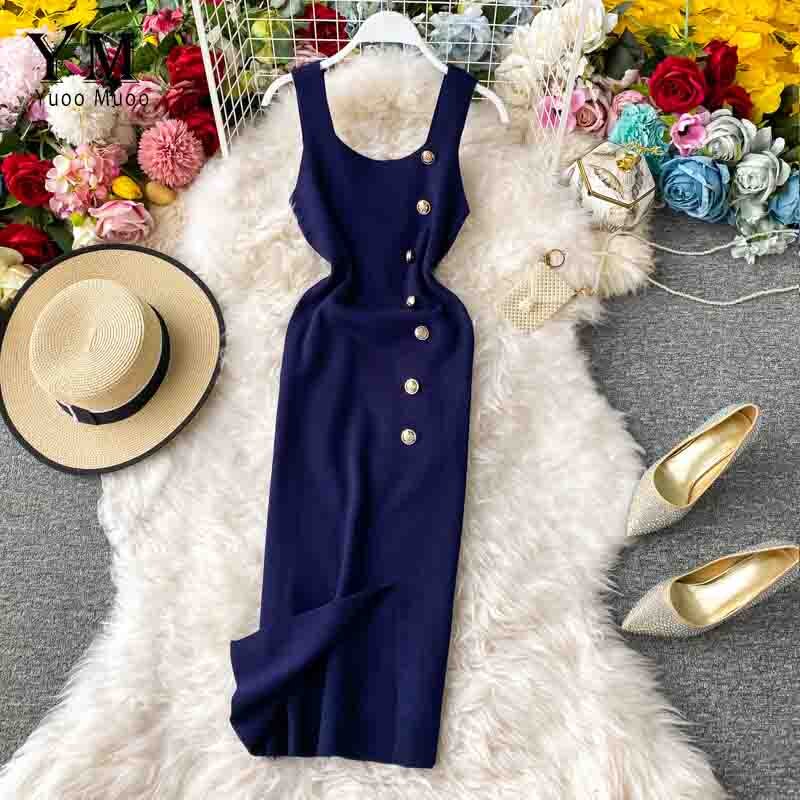 Yuoomuoo ins kvinder sommer strikkjole sommerknapper split bodycon kjole slank dame kontorkjole: Blå