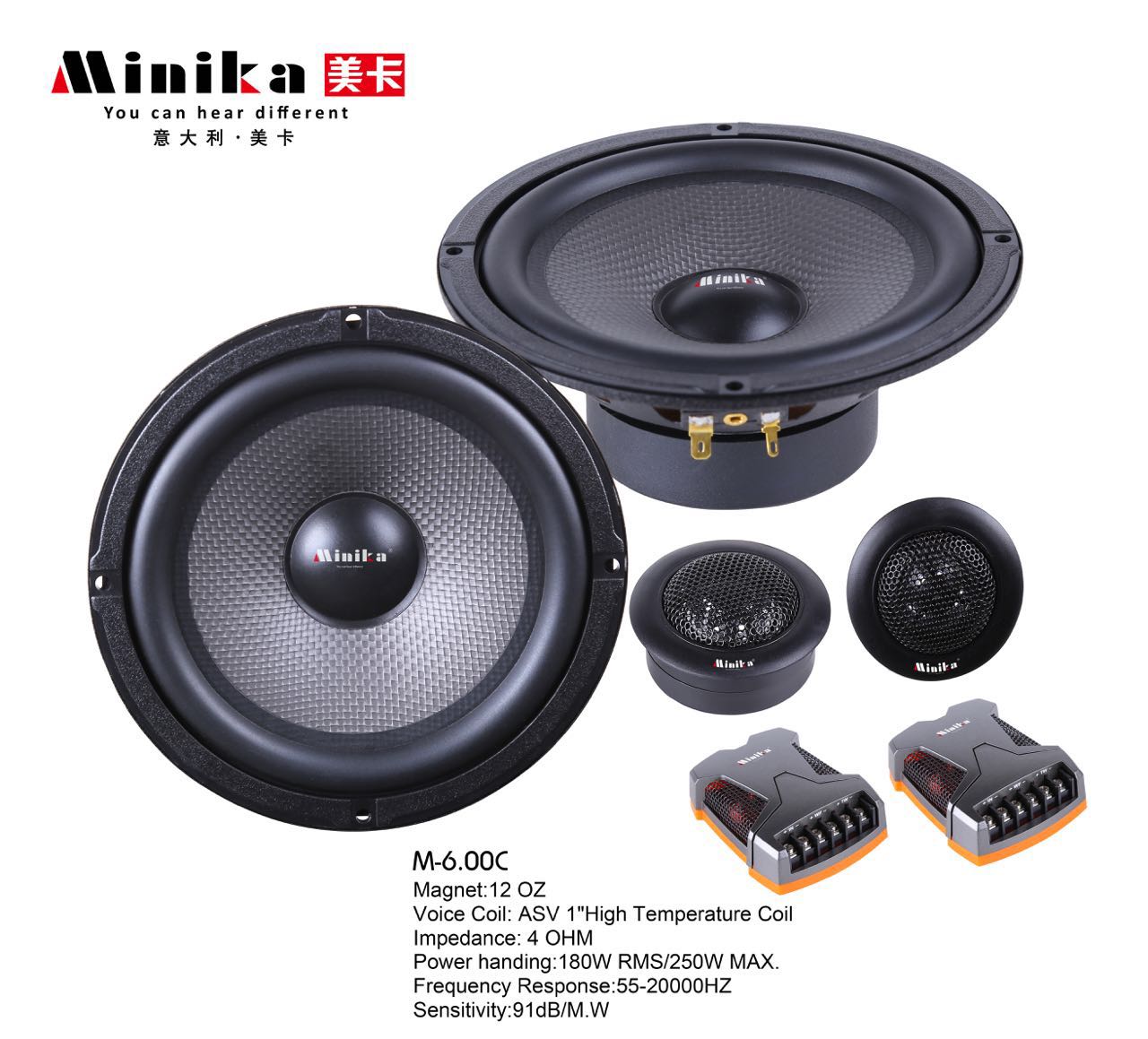 Minika 6.5inch Car Audio Speaker Component 4ohm 250W met Tweeter Cross Over 2 Manier HIFI Auto Speaker Set