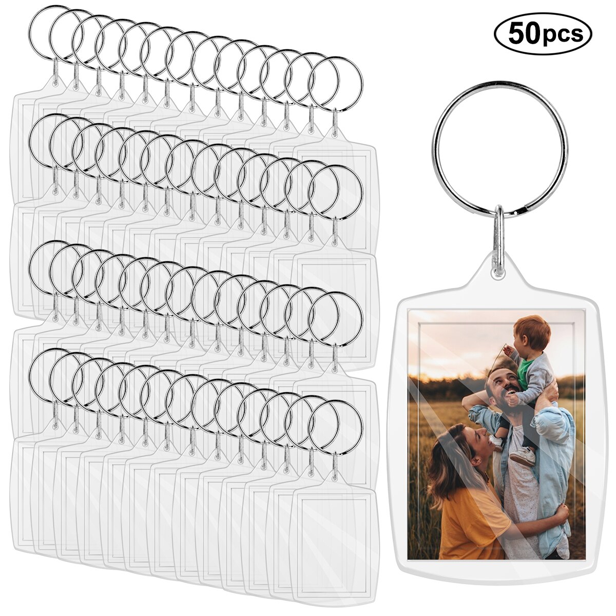25/50PCS Transparent Blank Acrylic Key Chain Photo Picture Frame Keyring Keychain Key Holder Rectangle Photo Frame Key Ring: 50PCS
