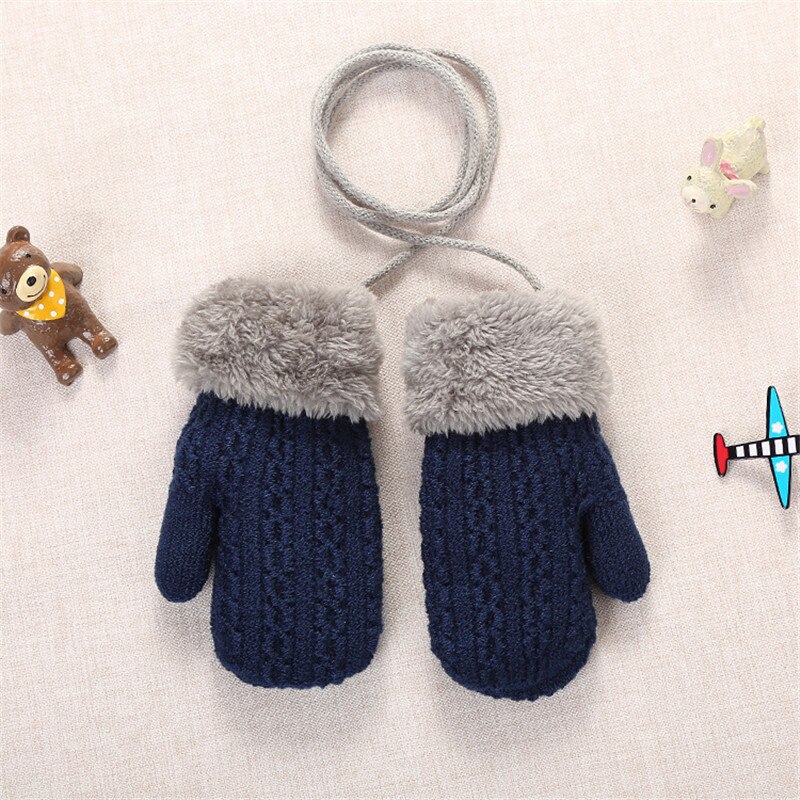 Baby Winter Knitted Warm Gloves With Rope Children Kids Infants Patchwork Outdoor Mittens Wool Plush Thick Gloves: Blue