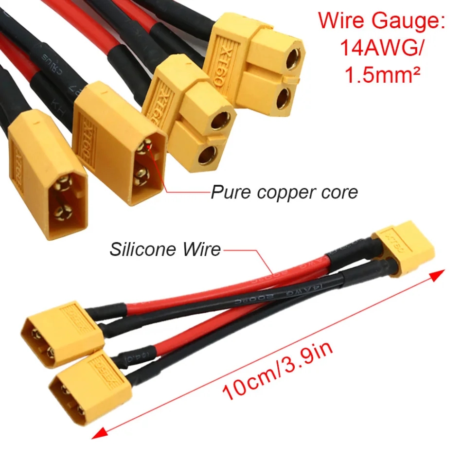 XT60 XT90 Male/Female Cable Parallel Battery Connector 3-Way 14AWG Silicone Wire Dual Extension Y Splitter for Charger Motor
