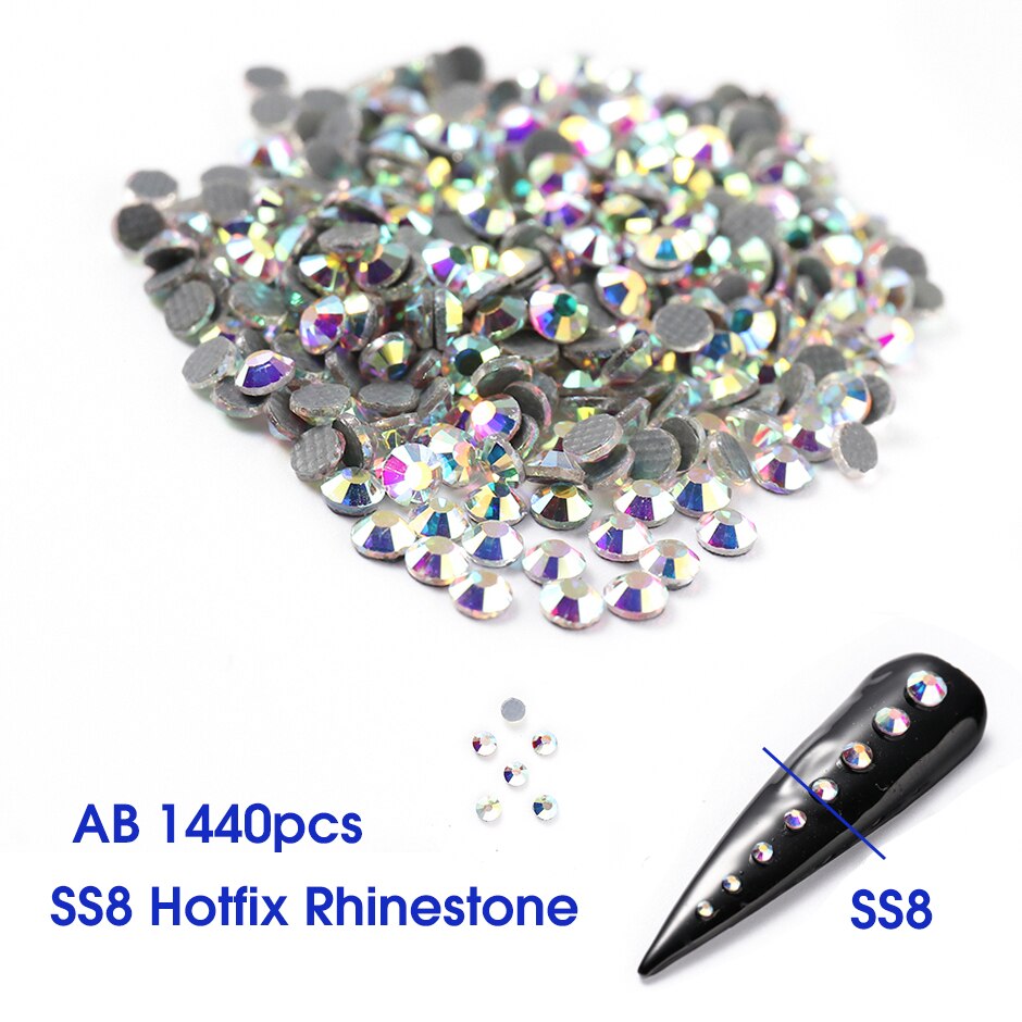 1440pc super glitter krystal ab  ss3-ss20 hotfix rhinsten på negle dekoration fix flad ryg strass nail art sten  le1610: Hvid ab  ss8