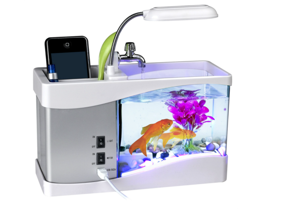 USB Mini Aquarium Fish Tank Aquarium with LED Desk Lamp Light LCD Display Screen Clock Fish Tank Aquarium Ecosystem With Light