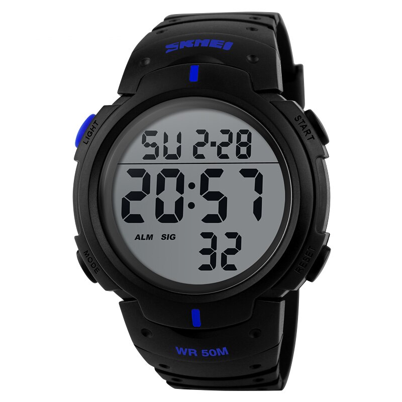 Skmei utendørs sportsklokke herre stor urskive enkle klokker kalender pu stropp 5 bar vanntett digital klokke reloj hombre 1068: Blå