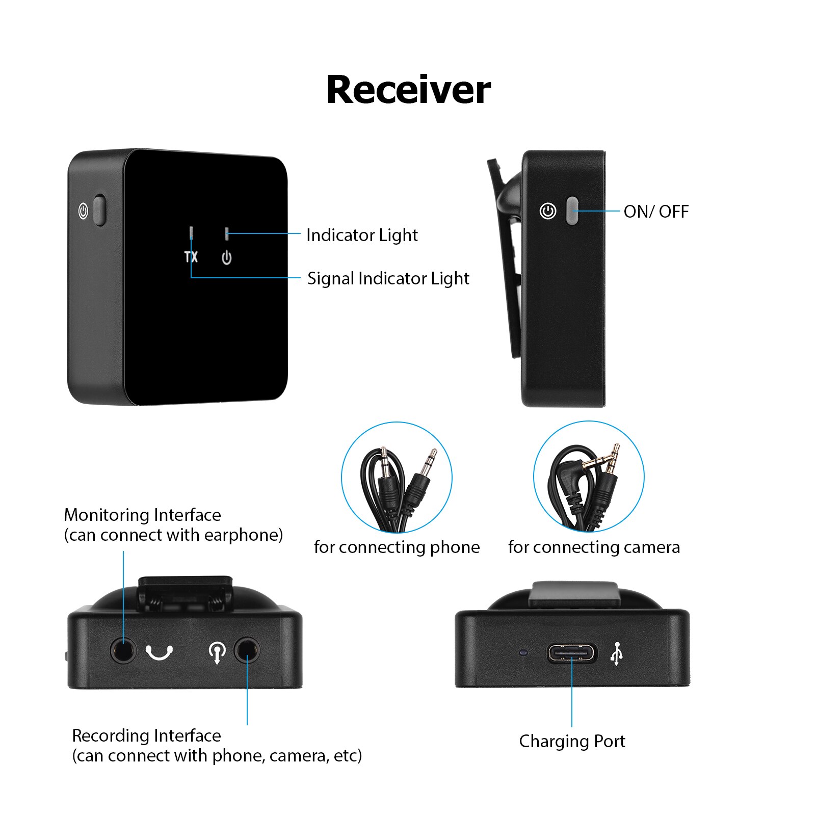 UHF Wireless Lavalier Microphone with Transmitter &amp; Receiver Clip-on Rechargeable Mic for Interview Live Show Vlog Shooting