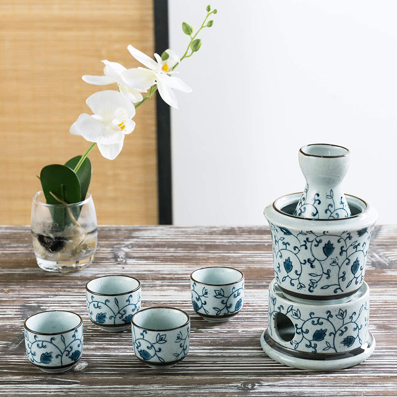 7 Stuk Blue Floral Witte Keramische Japanse Sake Set Met Warmer, 4 Cups, karaf &amp; Verwarming Pot