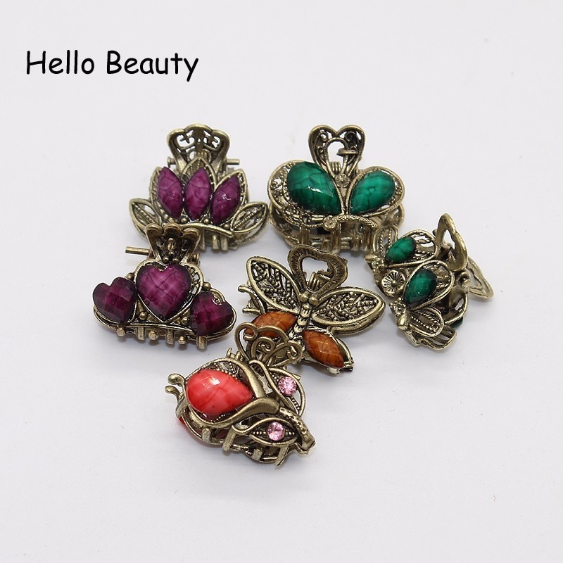 12 PCS Vintage Metal Crystal Flower Butterfly Mini Hair Claws Small Rhinestone Hair Jaw Clip Charm Hair Accessories For Women