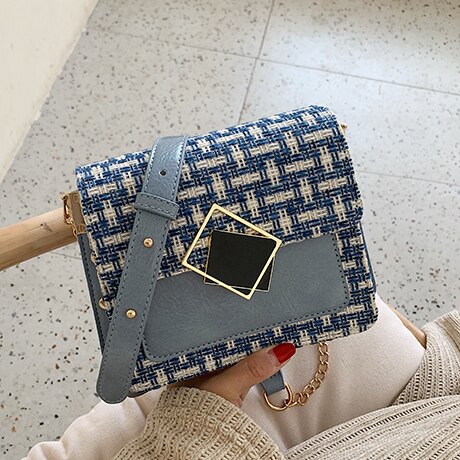 femme rabat carré sac nouvelle laine femmes sac à main serrure chaîne épaule Messenger sac de voyage sac: Bleu