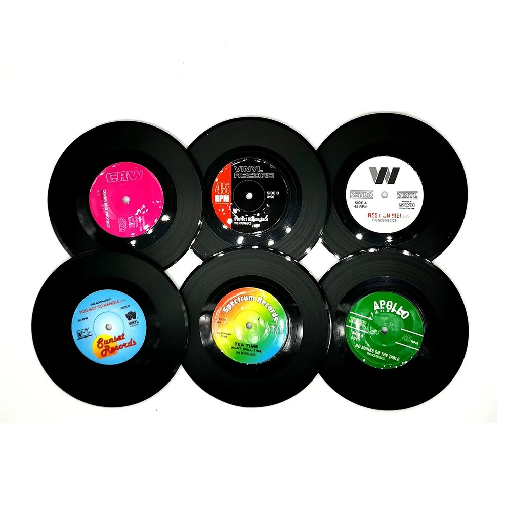 Juego de posavasos de disco de vinilo Retro colorido para bebidas, juego de posavasos de disco de vinilo, decoración de mesa de centro, 6 unidades: Multicolor