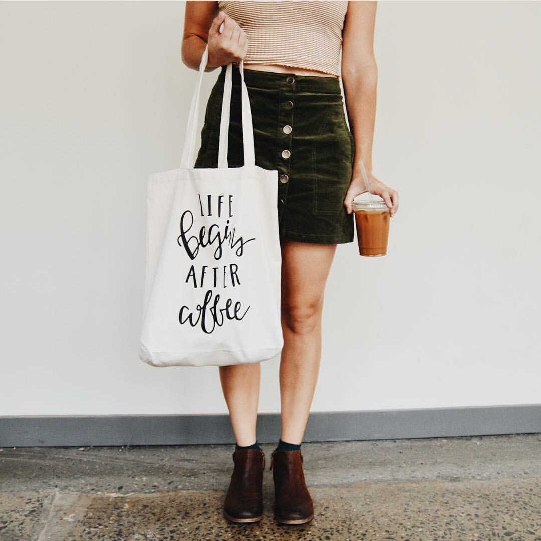 Canvas Shopping Bag Reusable Eco FriendlyTote Bag Coffee First Mom Life Shopper Book Bags Teacher Student Shoulder Bag Compra: B1641-TBWH-M