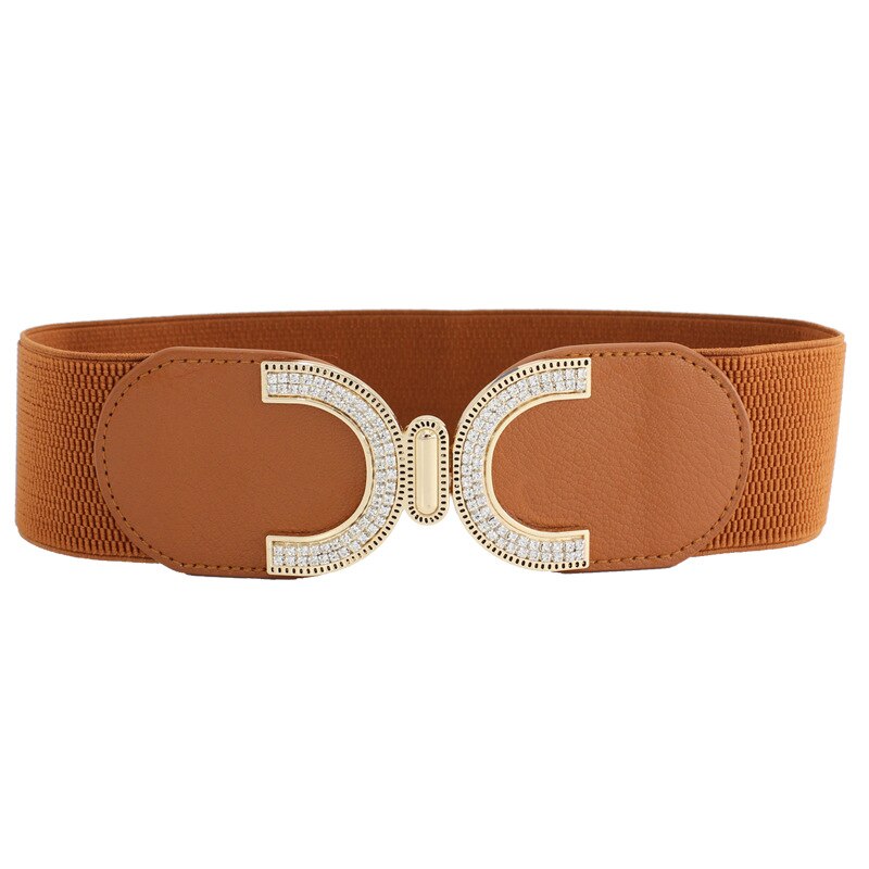 Mode Brede Vrouwen Riemen Elastische Canvas Pu Leer Buikband Metalen Haak Taille Riem Tailleband Riemen Voor Vrouwen: camel